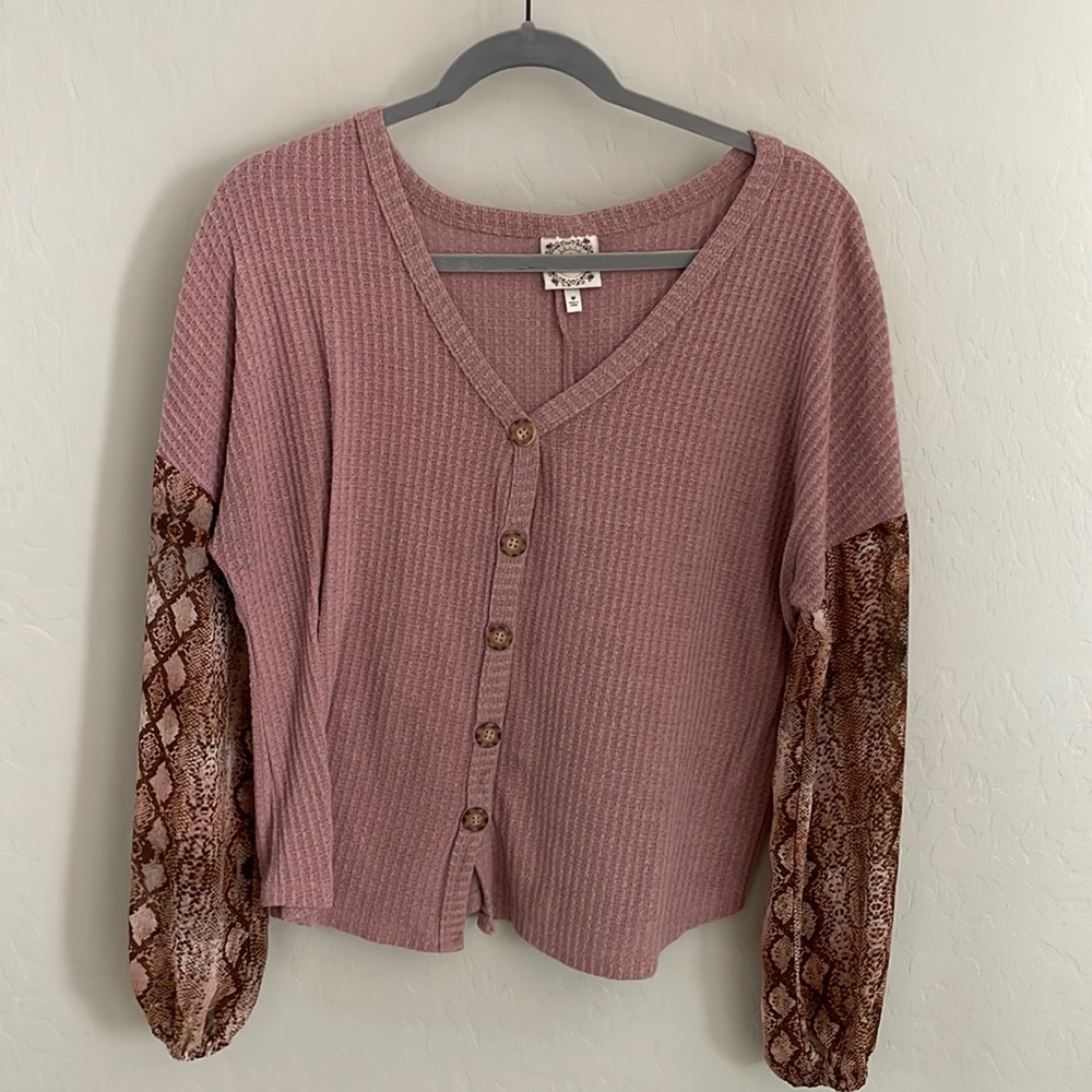 Pink Waffle Top with Snakeskin Print Sleeve